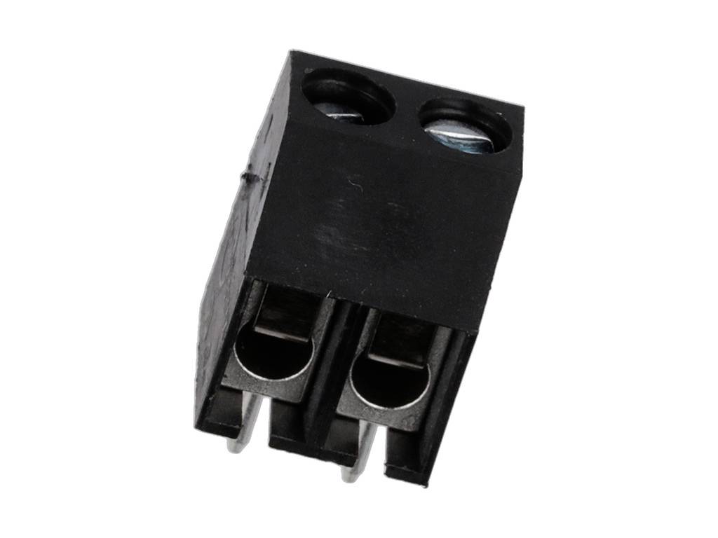 Tvåpolig svart klämmblock, sedd från sidan. Den har två anslutningsklämmor för elektriska anslutningar.