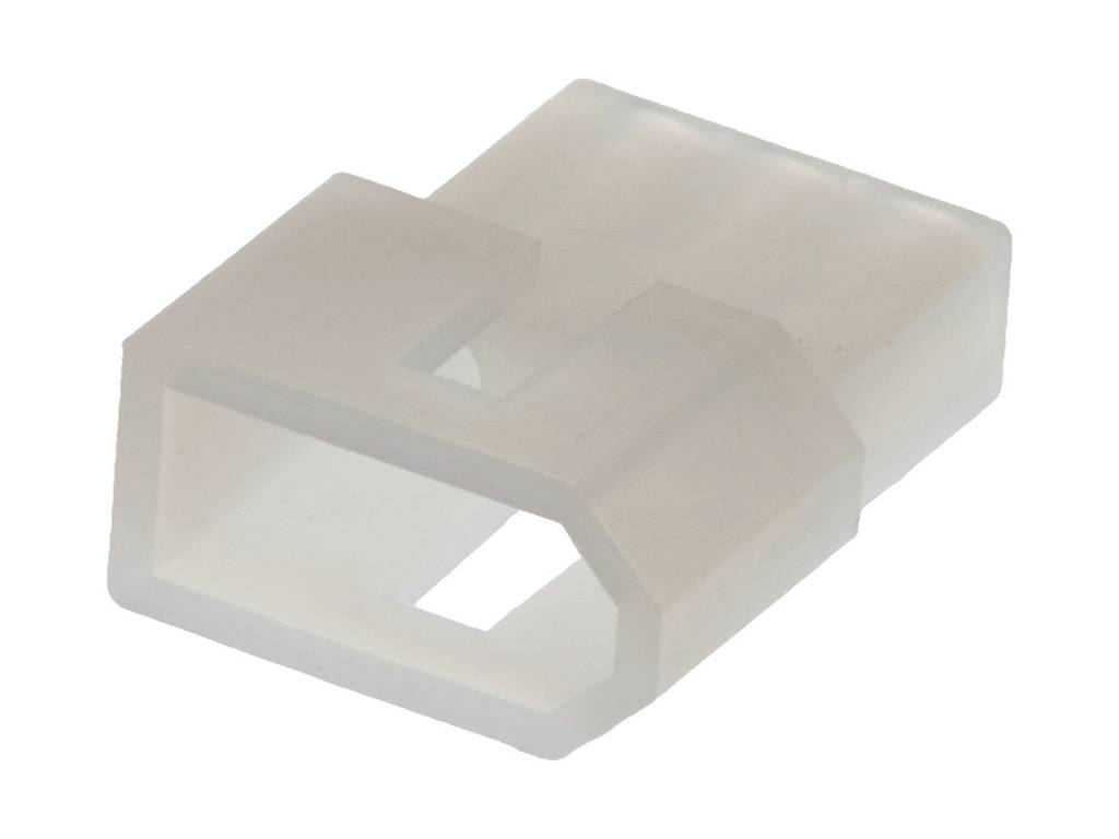 En vit, rektangulär plastplugg med en hålöppning i mitten. Den används för elektrisk anslutning i tekniska apparater.