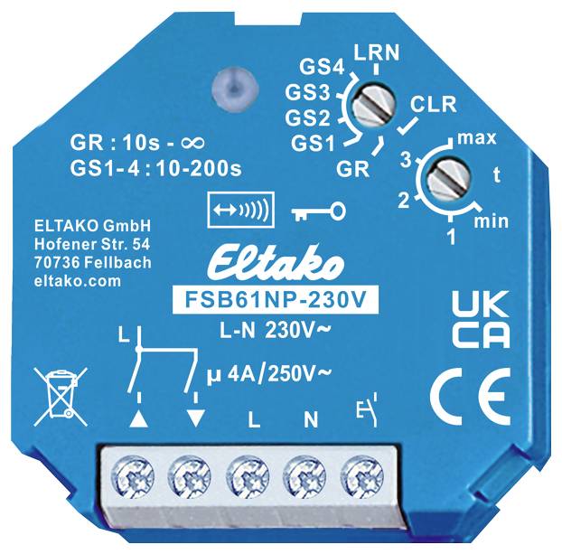 Blå Eltako strömstötsrelä med flera omkopplare och skruvklämmor. Påskrift: 'FSB61NP-230V L-N 230V~ 4A/250V~'.