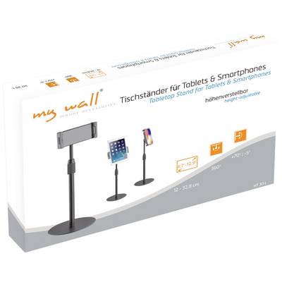 Justerbart bordsstativ för surfplattor och smartphones, lämpligt för enheter från 12 till 32,8 cm, med 360°-rotation och lutningsjustering.