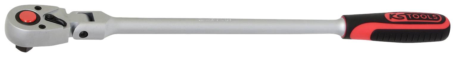 Silverfärgad skrallnyckel med röd och svart handtag, lämplig för bilmekanik eller reparationer. Perfekt för precisionsarbete med skruvar.