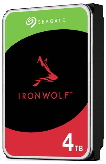 En Seagate IronWolf-hårddisk med 4 TB lagringskapacitet, svart design med rött logotyp i mitten.