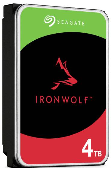 En hårddisk från Seagate med varumärket 'IronWolf', 4 TB kapacitet, svart och rött design med logotyp i mitten.