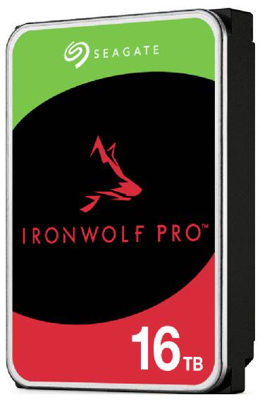 Extern hårddisk från Seagate, IronWolf Pro-modell med 16 TB lagringskapacitet, lämplig för NAS-system.