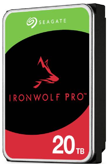 Extern hårddisk från Seagate, modell 'IronWolf Pro' med 20 TB kapacitet. Lämplig för stora lagringsmängder och robusta tillämpningar.