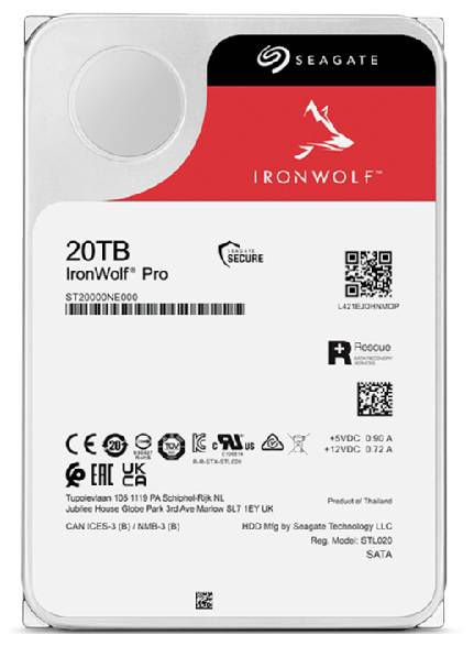 Extern hårddisk från Seagate, modell 'IronWolf Pro' med 20 TB lagringskapacitet, lämplig för NAS-system, stöder SATA-anslutning.