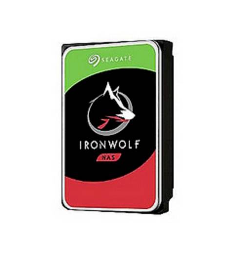 Seagate IronWolf NAS-hårddisk i svart, röd och grön, lämplig för NAS-system, med ett varghuvudlogotyp på framsidan.