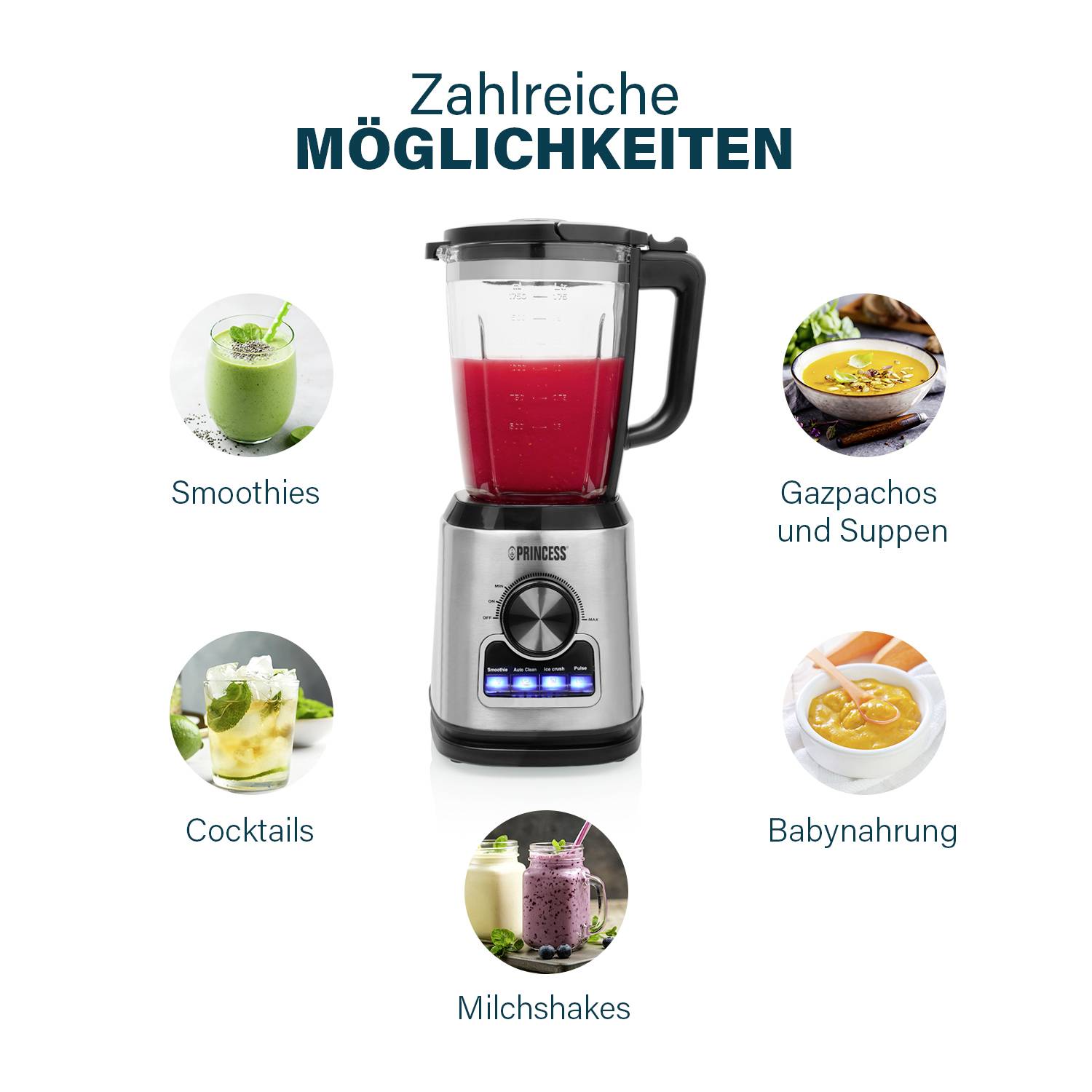 En stavmixer med rött innehåll i mitten. Runt om bilder av: smoothies, gazpachos och soppor, cocktails, barnmat, milkshakes. Rubrik: 'OTALIGA MÖJLIGHETER'.