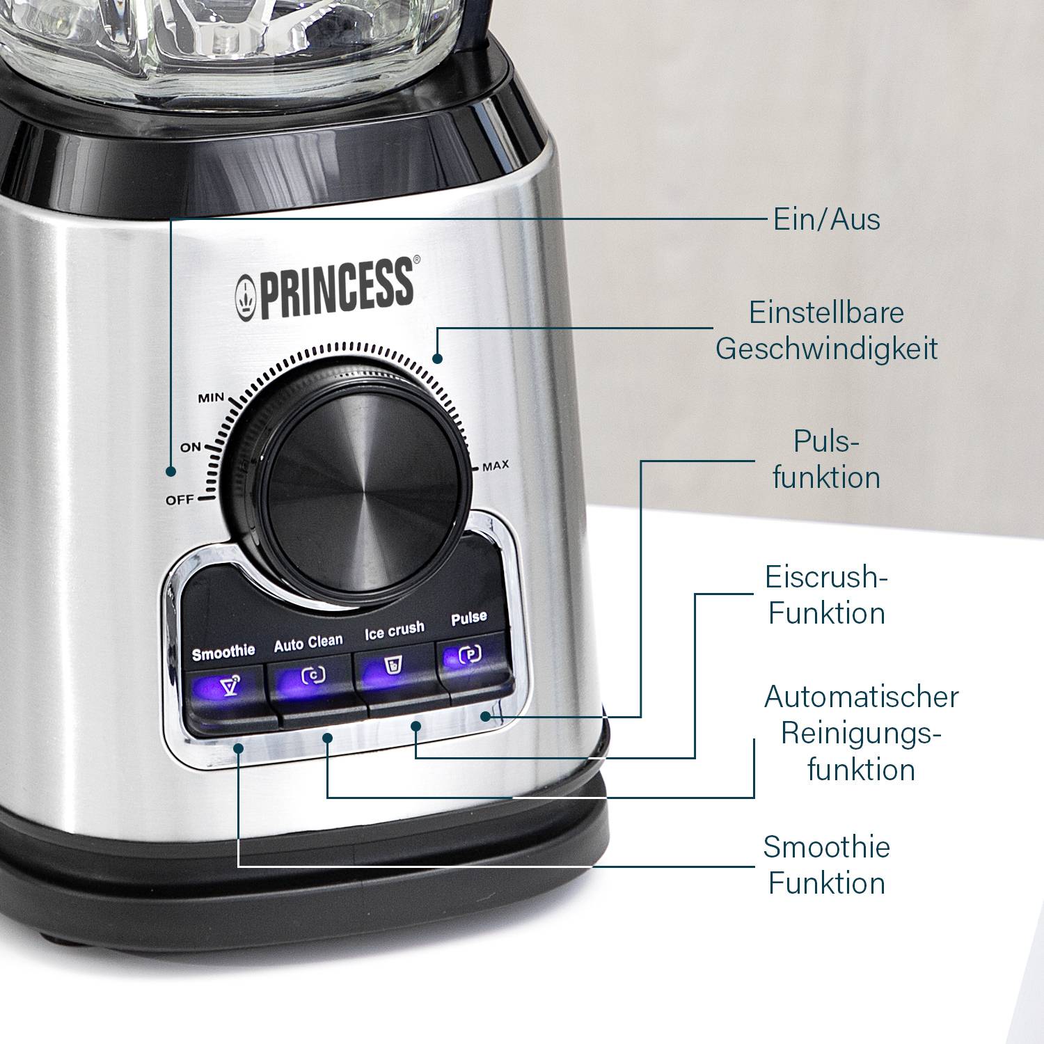 En mixer med vred för hastighetsreglering, puls-funktion, knappar för smoothie, krossning av is, automatisk rengöring, smoothie-läge.