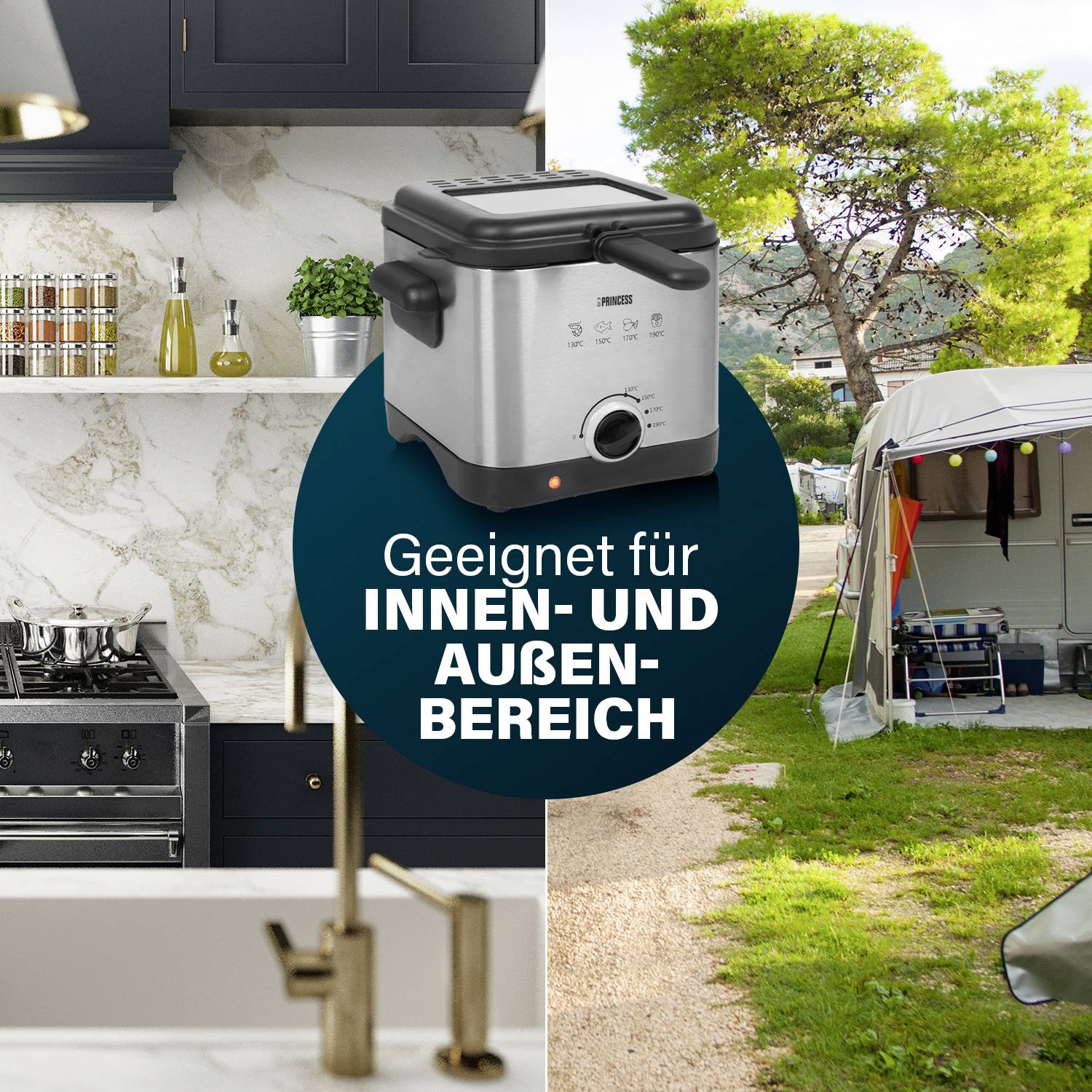 Köksvy med diskbänk och spis på vänster sida; till höger en campingplats med en tälttrailer. Text: 'Lämplig för INOM- OCH UTOMHUSBRUK'.