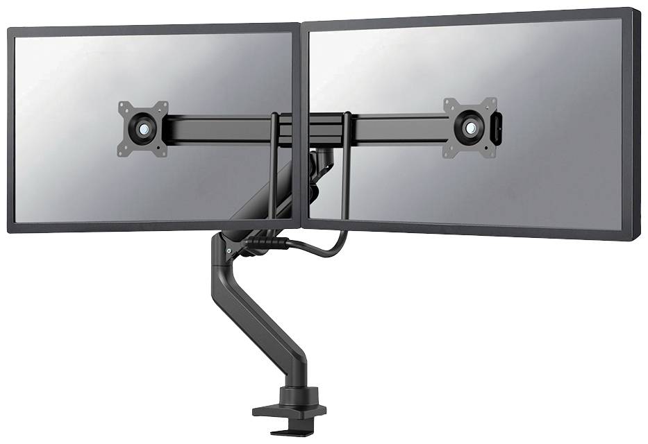 Två datorskärmar monterade sida vid sida på en justerbar monitorarm, lämplig för ergonomisk arbetsplatsutformning.