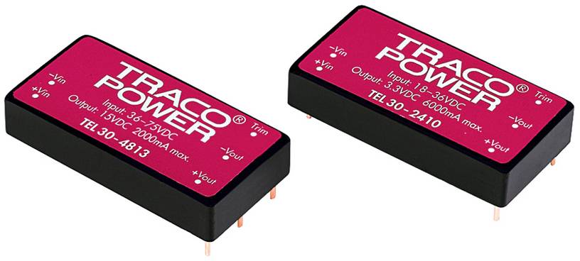 Två trapetsformade elektroniska komponenter märkta 'TRACO POWER', med tekniska data för ingångsspänning och utgångsspänning.