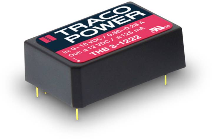 Bilden visar en elektronisk komponent från TRACO POWER som heter 'THB 3-1222' för spänningsomvandling från 9-18V till +12V.