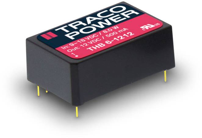 En svart elektronisk komponent märkt 'TRACO POWER' med specifikationer för ingångs- och utgångsspänning och strömstyrka.
