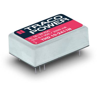 Liten, rektangulär Traco Power DC/DC-omvandlare på vit bakgrund. Röd och blå märkning visar ingång 18-36 VDC, utgång 5,1 VDC / 2000 mA.