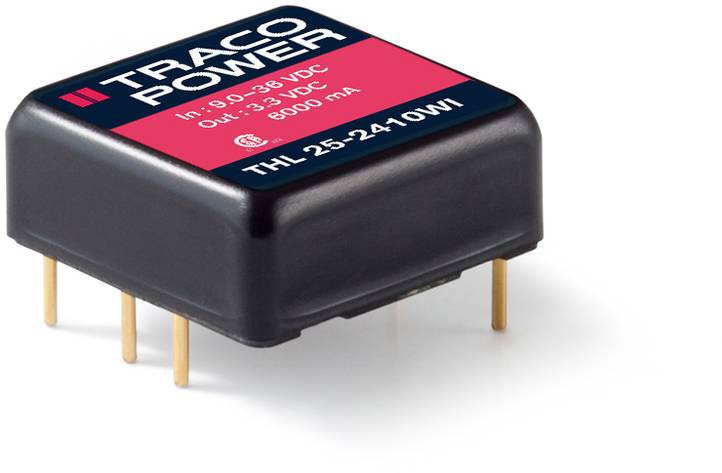 En svart spänningstransformator från Traco Power med guldkontakter, märkt 'THL 25-2410WI', ingång: 9-36 VDC, utgång: 3,3 VDC.