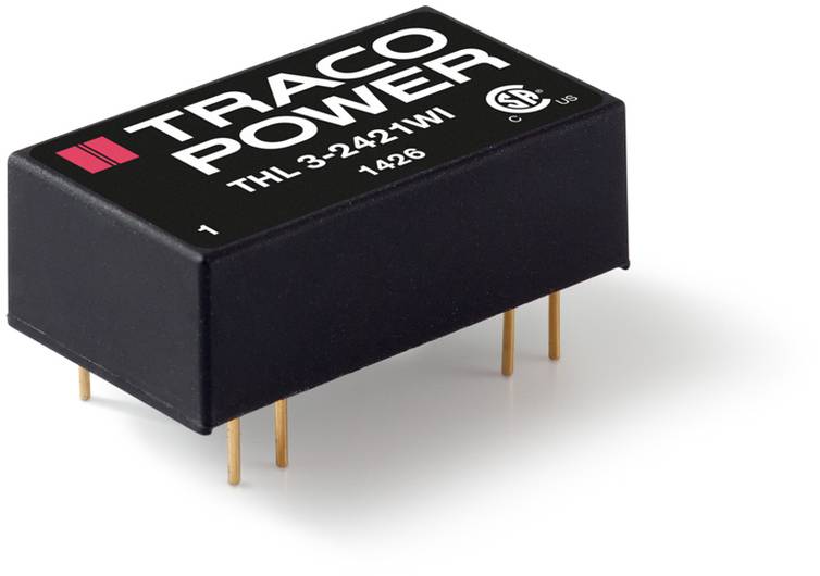 En svart elektronisk komponent med texten 'TRACO POWER' på ovansidan. Guldpläterade anslutningskontakter syns på undersidan.