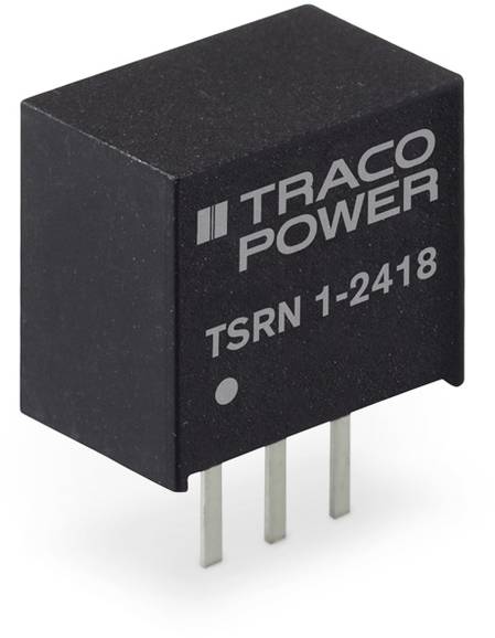 En kompakt, svart Traco Power spänningsregulator märkt 'TSRN 1-2418', utrustad med tre metallstift nedtill.