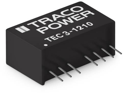 Svart elektronisk krets med påskriften 'TRACO POWER TEC 3-1210'. Kretsen har flera metallben för elektriska anslutningar.