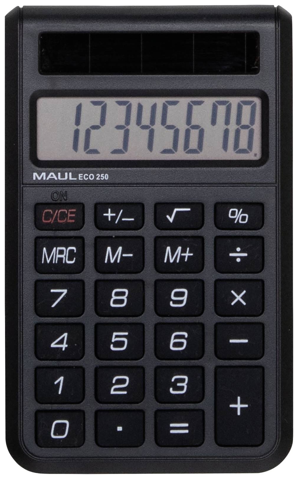 En svart räknare med solcellsdisplay visar numret '12345678'.