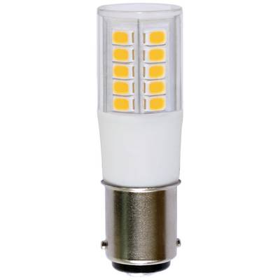 En LED-glödlampa med cylindrisk form och gula lysande ytor på den övre halvan, vilar på en silvrig metallisk bas.