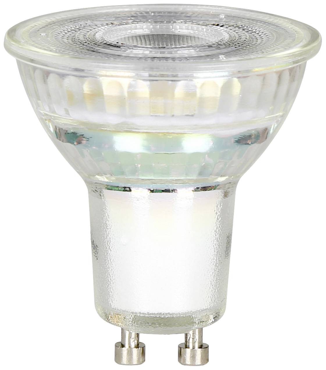 En enskild LED-glödlampa med GU10-sockel, cylindrisk form, transparent hölje, typiskt använd för strålkastarbelysning.