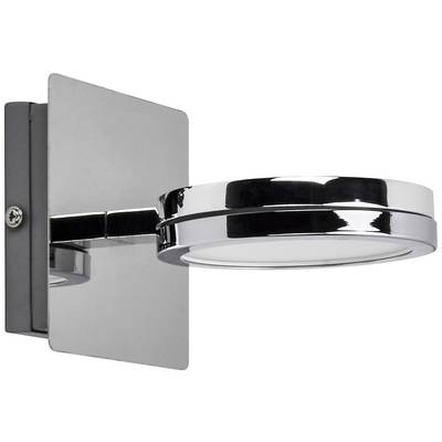 En modern, krom vägglampa i metall med rund lamphuvud, fäst vid en rektangulär väggfäste.