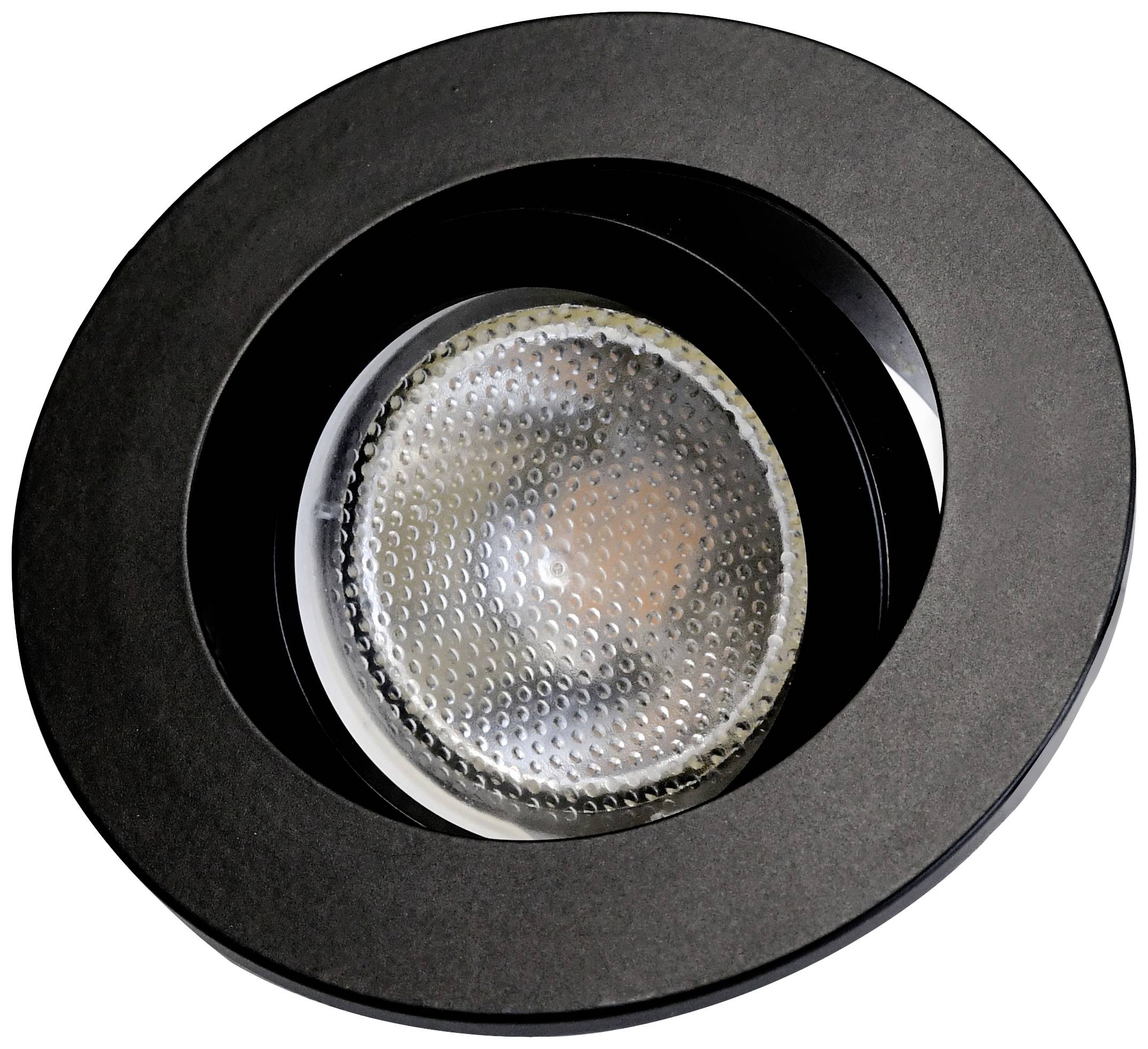 Svart, rund taklampa med integrerad LED-spotlight. Den har en texturerad yta och en vridbar insats.