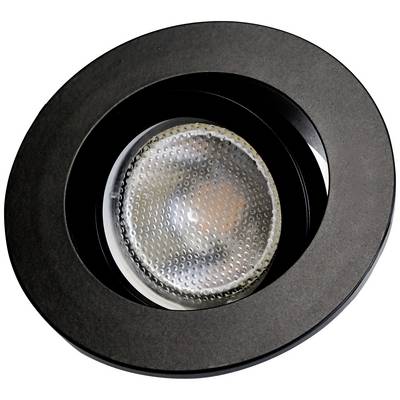 Svart, rund taklampa med integrerad LED-spotlight. Den har en texturerad yta och en vridbar insats.
