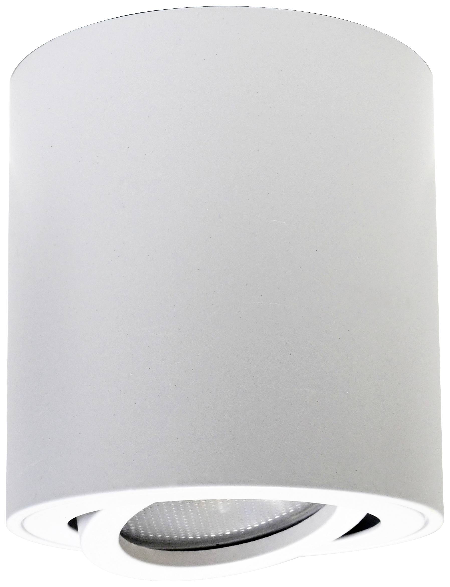 Vit cylindrisk taklampa med integrerad LED-spot, lämplig för modern rumsbelysning och energieffektivitet.