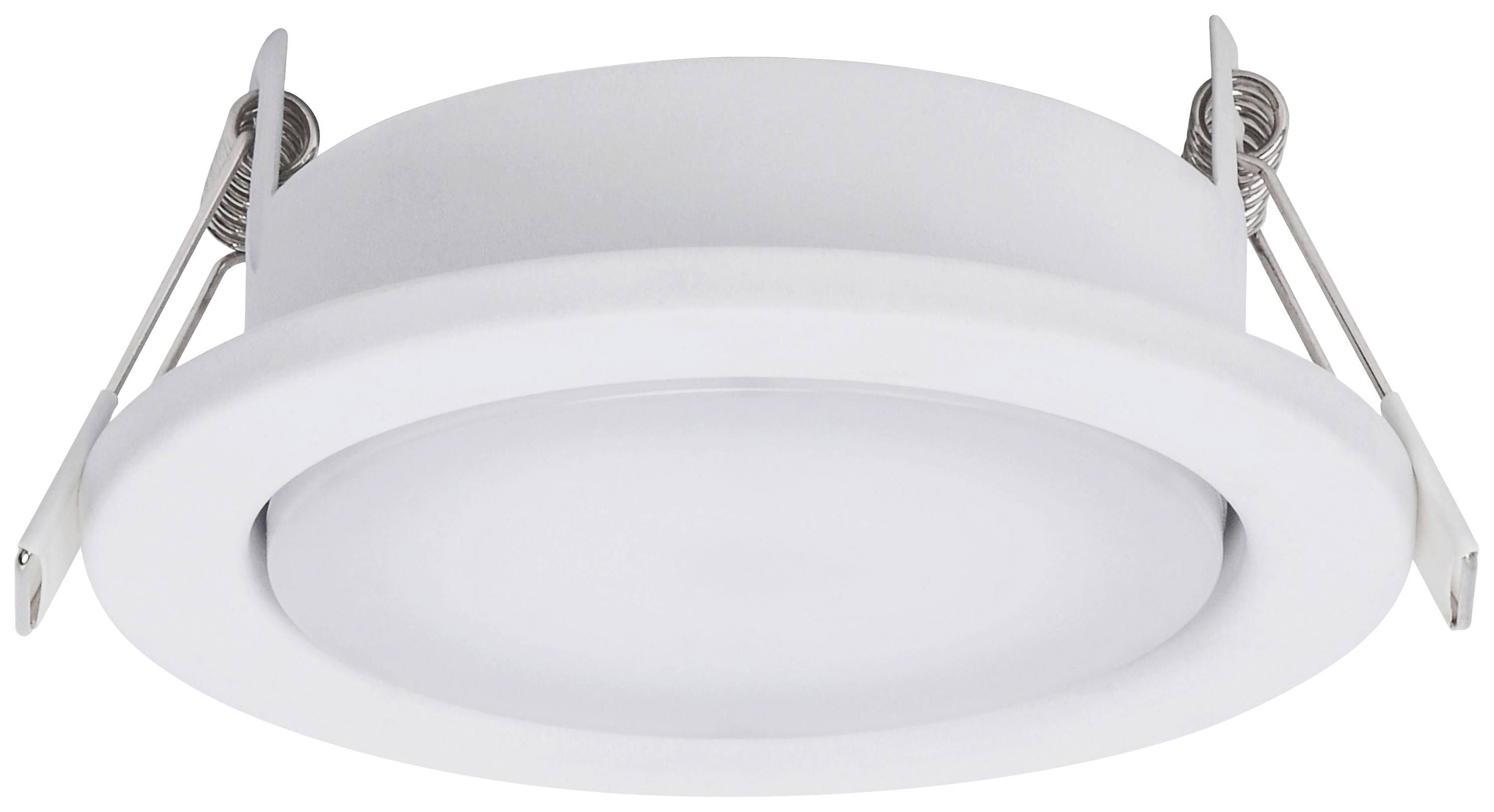 En rund, vit infälld LED-armatur med metallklämmor för takmontering. Perfekt för modern inomhusbelysning.