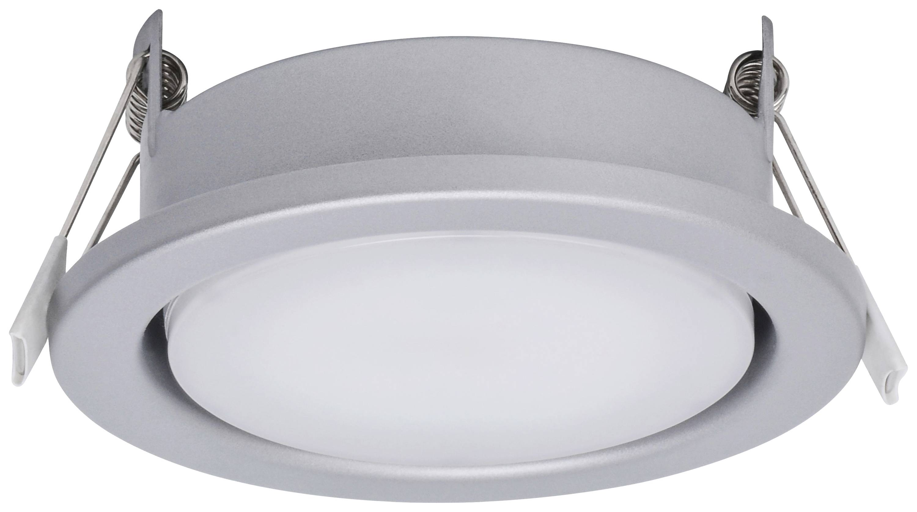 Rund LED-taklampa i grått hölje med fästen på sidorna, lämplig för montering i nedsänkta tak.