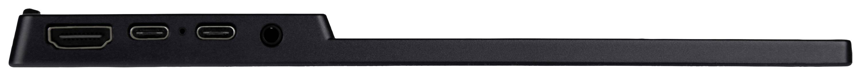 Bärbar dator sedd från sidan med HDMI-, två USB-C- och en ljudanslutning, perfekt för mångsidig anslutbarhet.