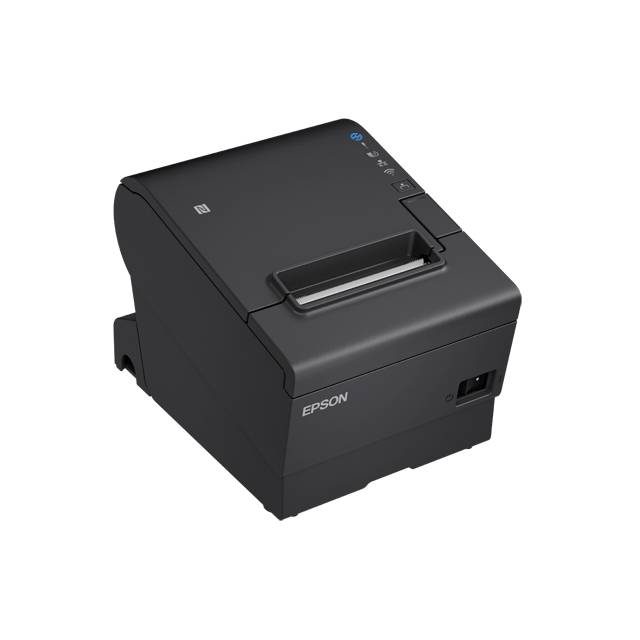 Svart Epson-skrivare sedd snett uppifrån. Kompakt med slät yta och manöverdon på höger sida.
