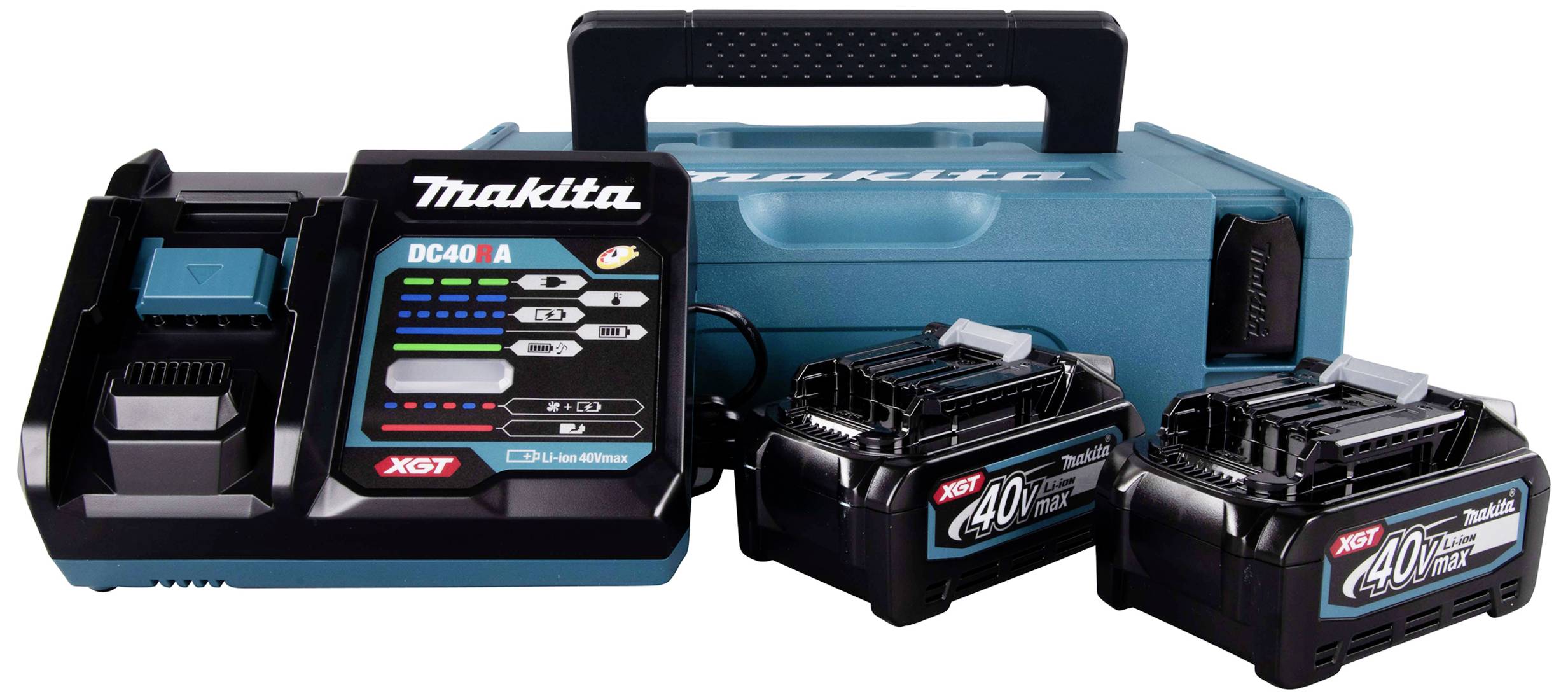 Makita XGT Batteriladdningsset med två 40V batterier och robust transportväska, lämplig för kraftfulla verktyg.