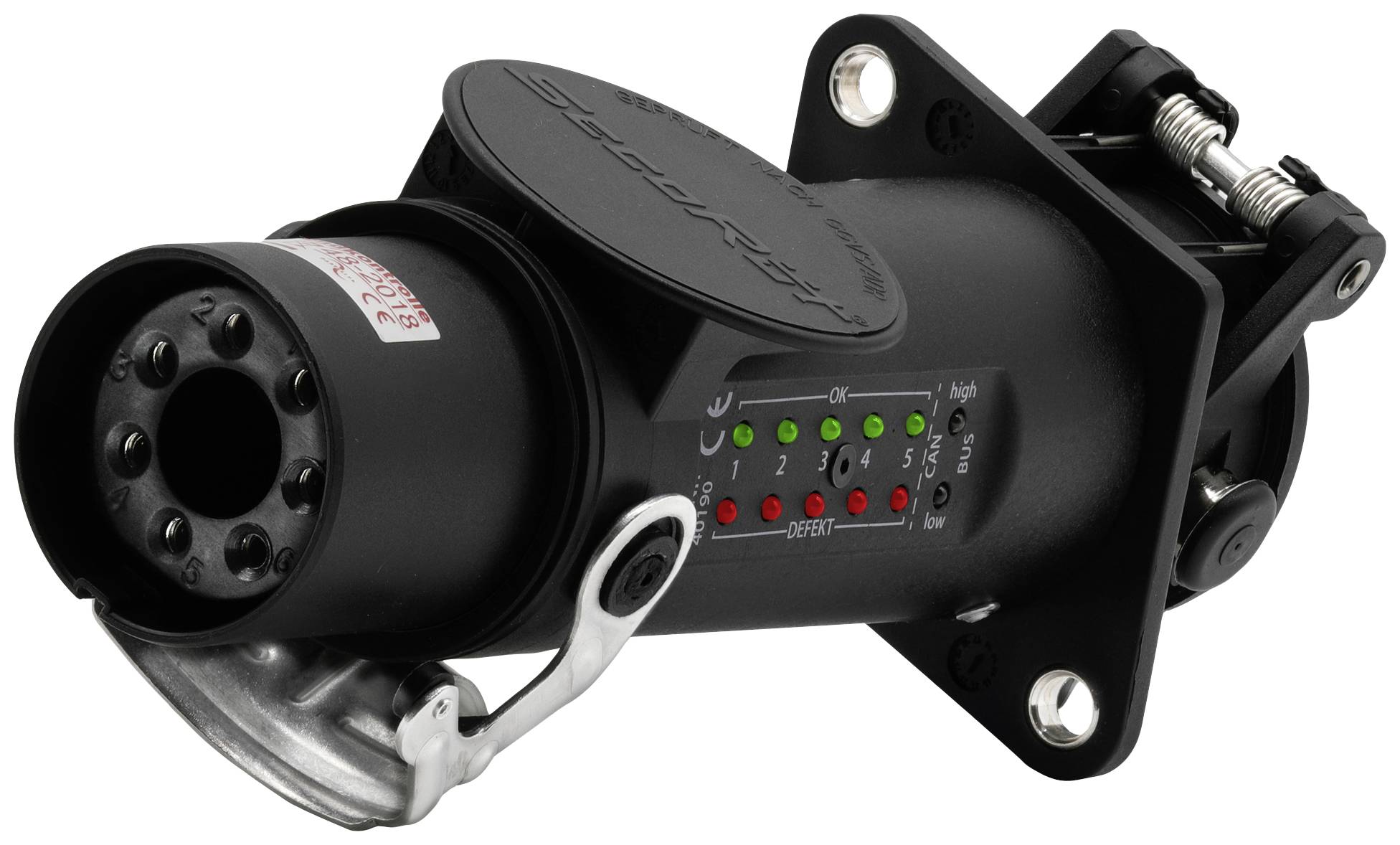 Elektrisk kontakt med runda hylsor och ett hölje som visar statuslampor för olika funktioner.