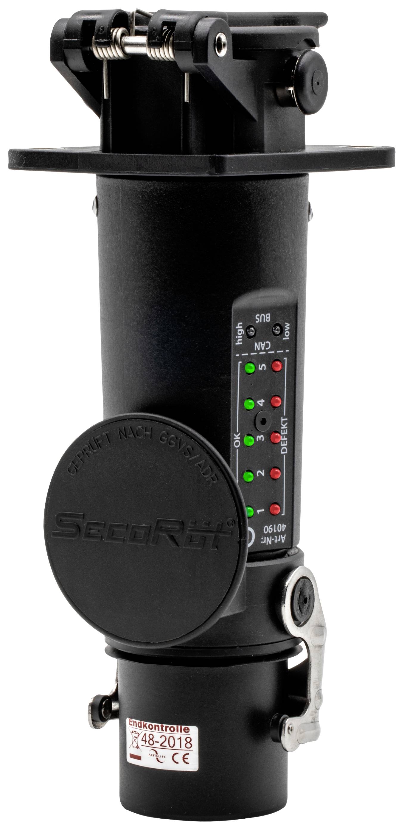 Ett sensorrör med olika LED-indikatorer för status. Det har ett svart hölje med texten 'Seccor'.