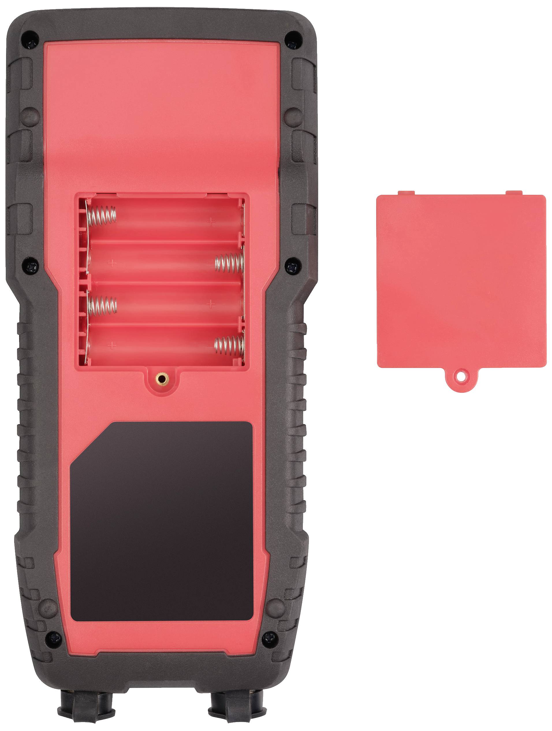 Baksidan av en digital enhet med batterifack och borttagen kåpa, visar plats för tre batterier.