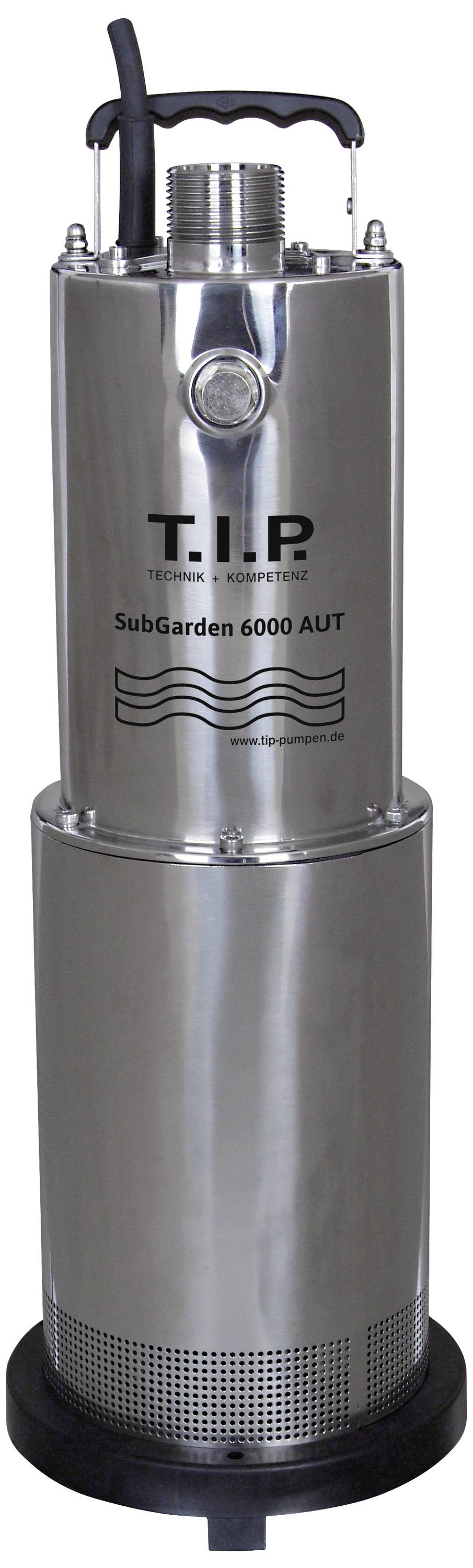 En silverfärgad dränkbar pump märkt 'T.I.P. SubGarden 6000 AUT', lämplig för användning i trädgårdar eller brunnar.