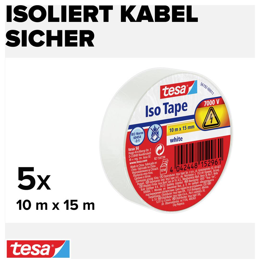 Fem rullar vitt iso-tejp från Tesa, vardera 10 m x 15 mm, lämplig för isolering upp till 7000 V.