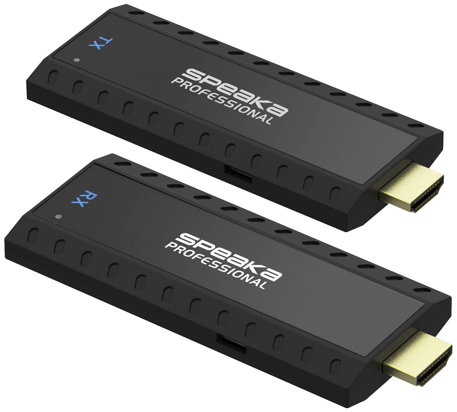 Två svarta HDMI-stickor märkta 'Speaka Professional', en märkt 'RX', den andra märkt 'TX', för trådlös överföring.