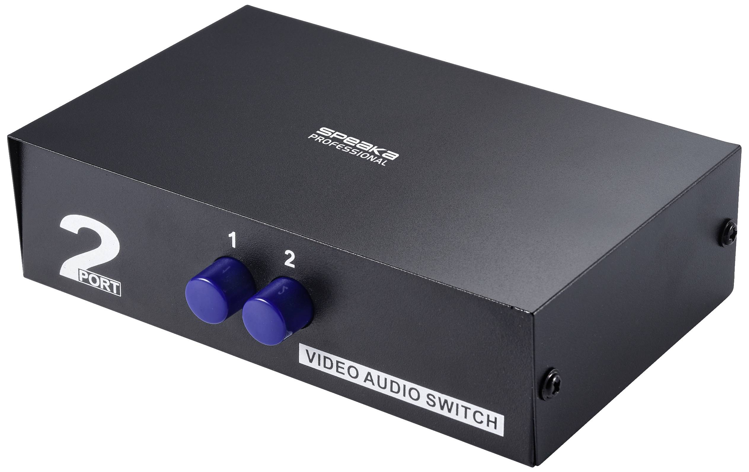 En svart video-audio-switch med två blå vred, numrerade 1 och 2, och texten 'VIDEO AUDIO SWITCH'.