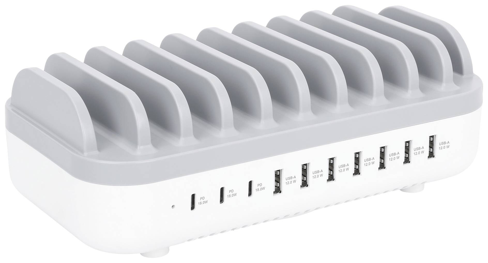 Mångports USB-laddningsstation med tio anslutningar och separata fack för samtidig laddning av flera enheter.
