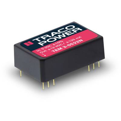 Liten svart elektronisk komponent med påskriften 'TRACO POWER'. Specifikationer: Ingång 5 VDC, utgång ±12 VDC, modell TEM 3-0522N.