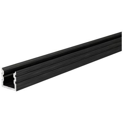 Svart aluminiumsprofil, rektangulär med spår för förbindelselement. Ofta använd i konstruktioner och ramar.