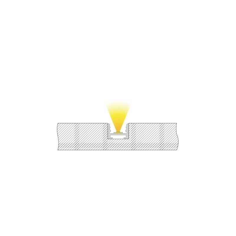 Tvärsnitt av en profil med en inbäddad LED som lyser uppåt. LED:n lyser gult och är placerad i mitten av profilen.