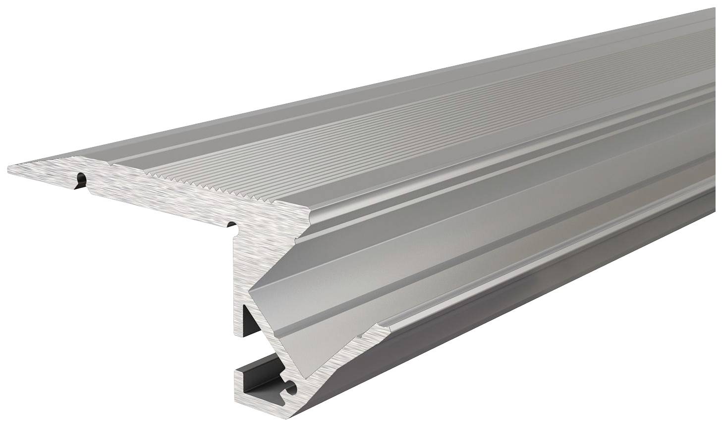 L-formad aluminiumsprofil, använd för golvövergångar eller trappkanter, med räfflad ovansida för halksäkerhet.