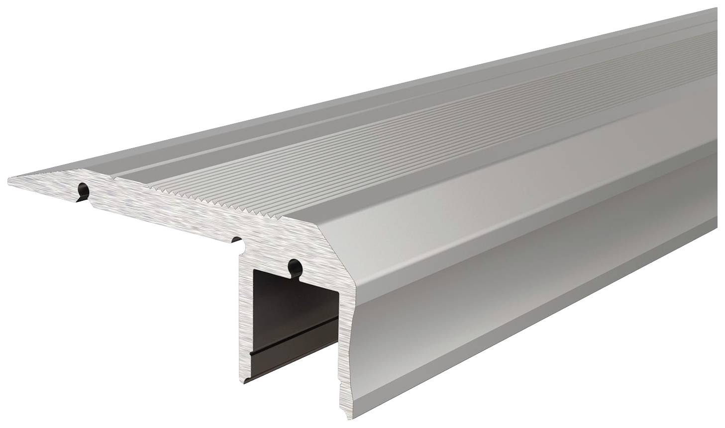 Aluminiumprofilprofil i T-form med räfflad yta, sidoskåra. Används för golvövergångar eller kantstärkningar.