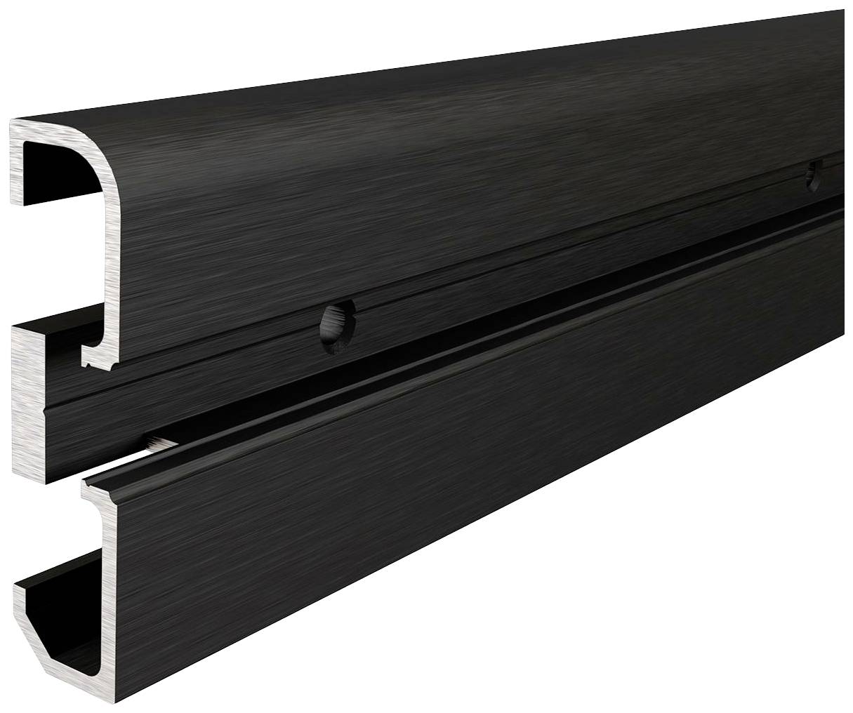 En lång, svart aluminiumprofilstång med två skenor och skruvhål för infästning, lämplig för byggnads- eller monteringsändamål.