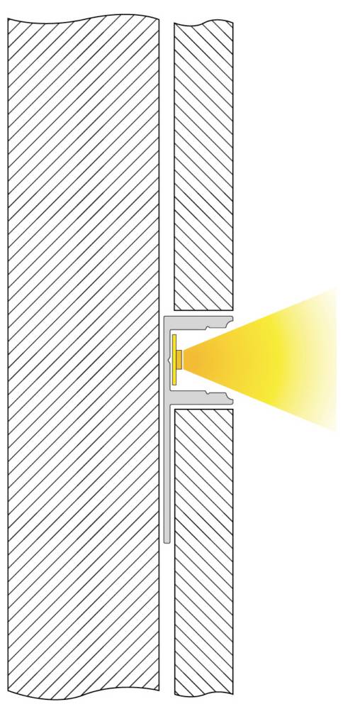 Tvärsnittsdiagram av en väggkavitet med ett monterat fäste som sträcker en gul stråle genom springan, som visar riktningen för ljus eller signal.